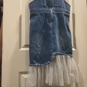 Yibaiyi girls Denim Overall distressed Dress tulle hem zip front pockets size M